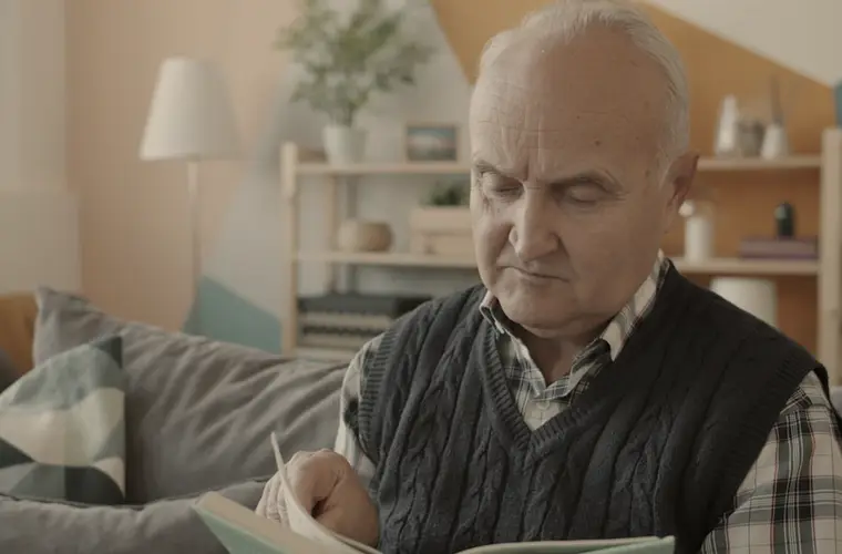 Senhor lendo documentos sentado no sofá de casa